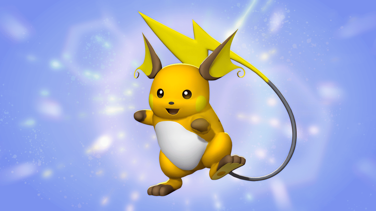 Raichu, karakter Pokémon berwarna oranye dengan telinga besar dan ekor berbentuk petir, tampak melompat di latar biru bercahaya.