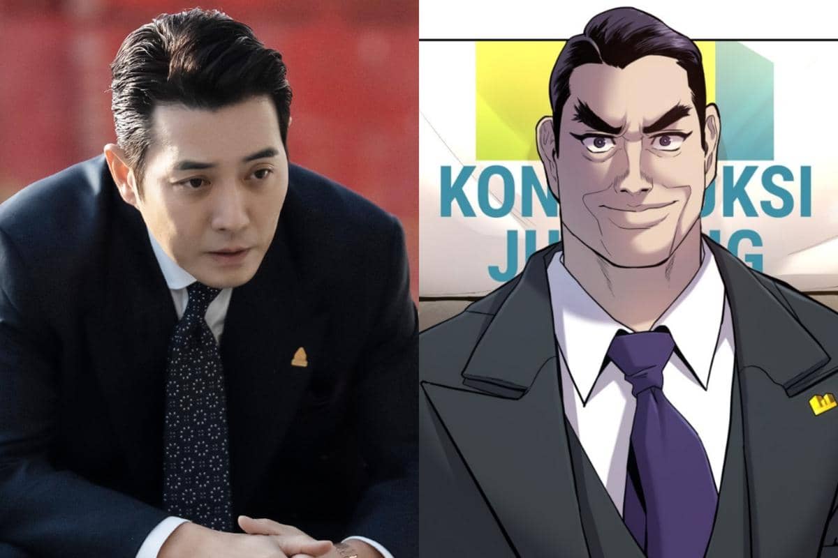 Perbandingan karakter dari drama Korea Agent Kim Reactivated dan versi webtoonnya, keduanya mengenakan setelan jas gelap dan dasi.