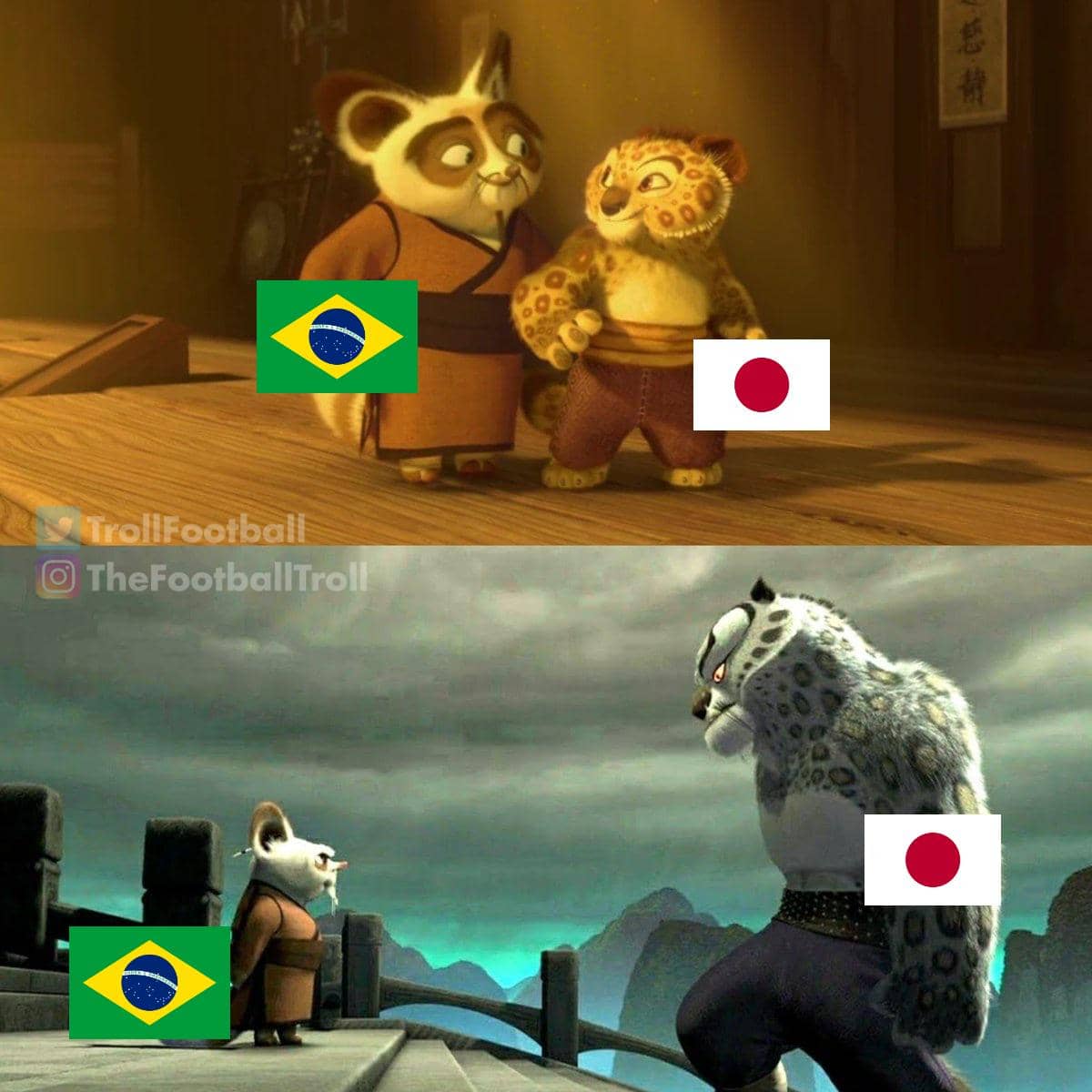 Meme lucu menampilkan karakter animasi Kung Fu Panda dengan bendera Brasil dan Jepang, menggambarkan perbandingan kekuatan tim di Piala Dunia 2026.