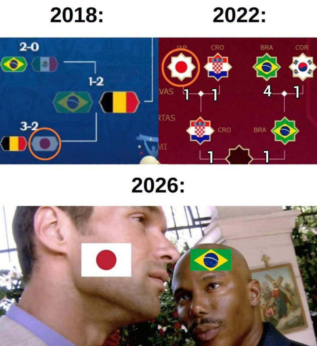 Meme lucu tentang perjalanan tim nasional Jepang dan Brasil di Piala Dunia 2018, 2022, dan prediksi 2026 dengan ekspresi wajah dua pria.