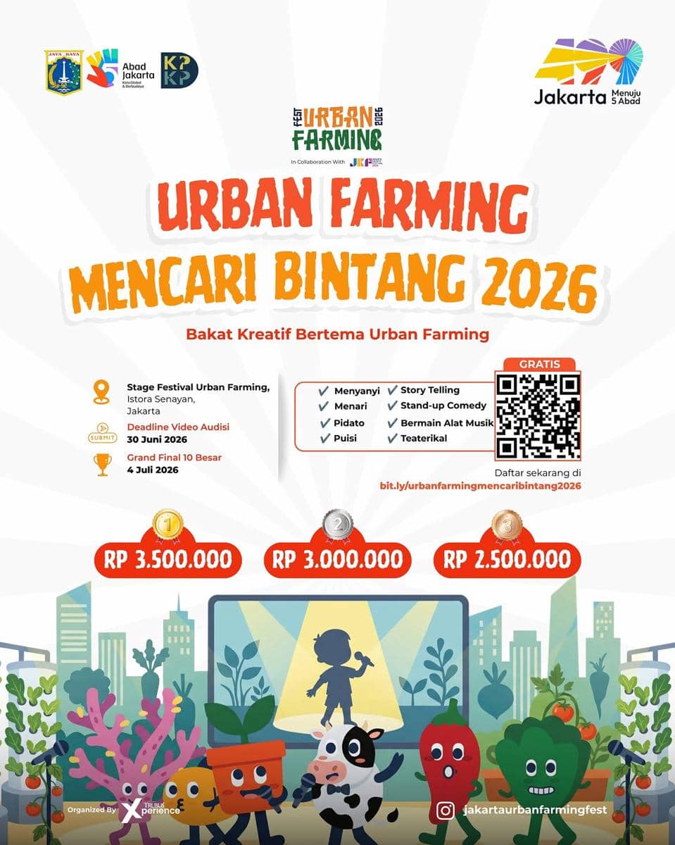 Poster lomba Urban Farming Mencari Bintang 2026 di Jakarta Kreatif Festival dengan tema bakat kreatif dan hadiah jutaan rupiah.