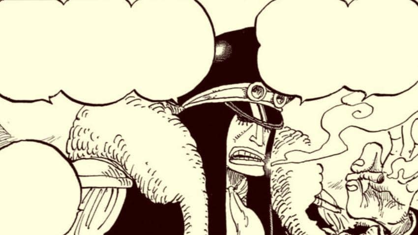 Karakter manga mengenakan mantel berbulu dan topi dengan kacamata di bagian depan, sedang berbicara dengan ekspresi serius.