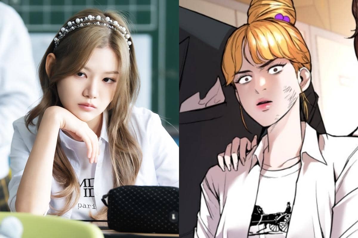 Perbandingan karakter dari drama Korea Agent Kim Reactivated dengan versi webtoon, menampilkan siswi berambut panjang dan karakter ilustrasi berambut pirang.