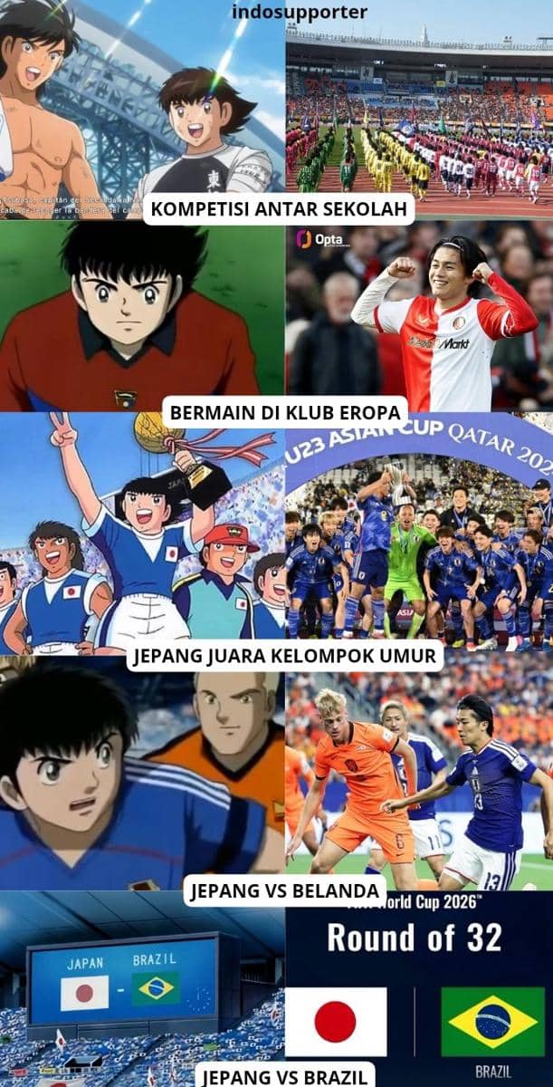 Kolase meme perbandingan tim sepak bola Jepang dan Brasil di Piala Dunia 2026 dengan adegan anime dan foto pemain nyata.