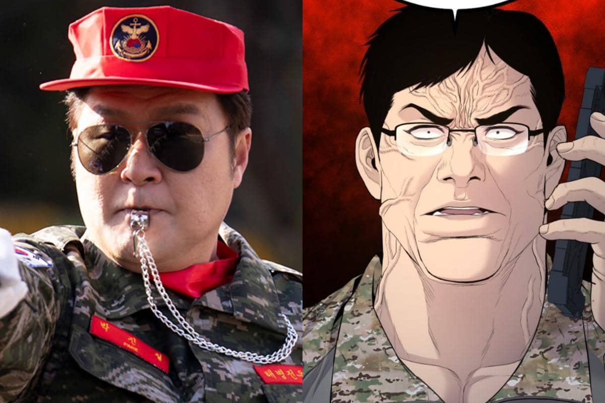 Perbandingan karakter dari drama Korea dan versi webtoon Agent Kim Reactivated, keduanya mengenakan seragam militer dengan ekspresi tegas.