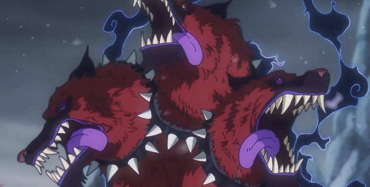 Cerberus berwujud tiga kepala anjing besar dengan bulu merah gelap, gigi tajam, dan aura hitam di sekitarnya dari anime One Piece.