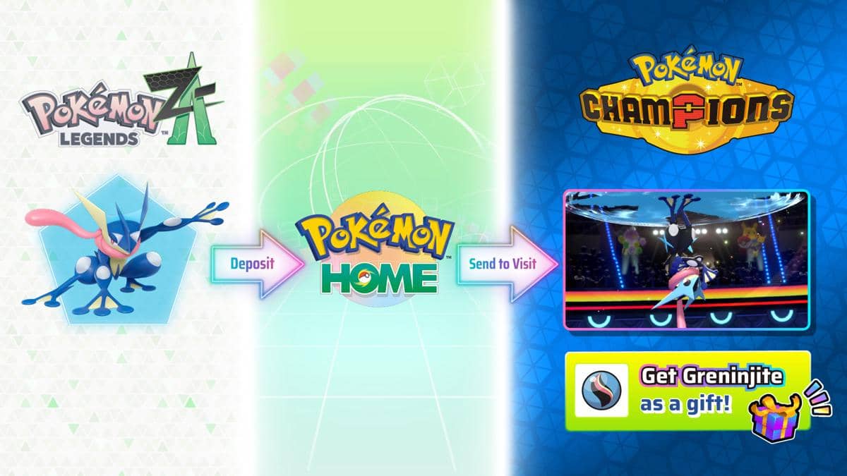 Ilustrasi promosi penautan Pokémon Legends Z-A dengan Pokémon Champions melalui Pokémon Home menampilkan karakter Greninja.
