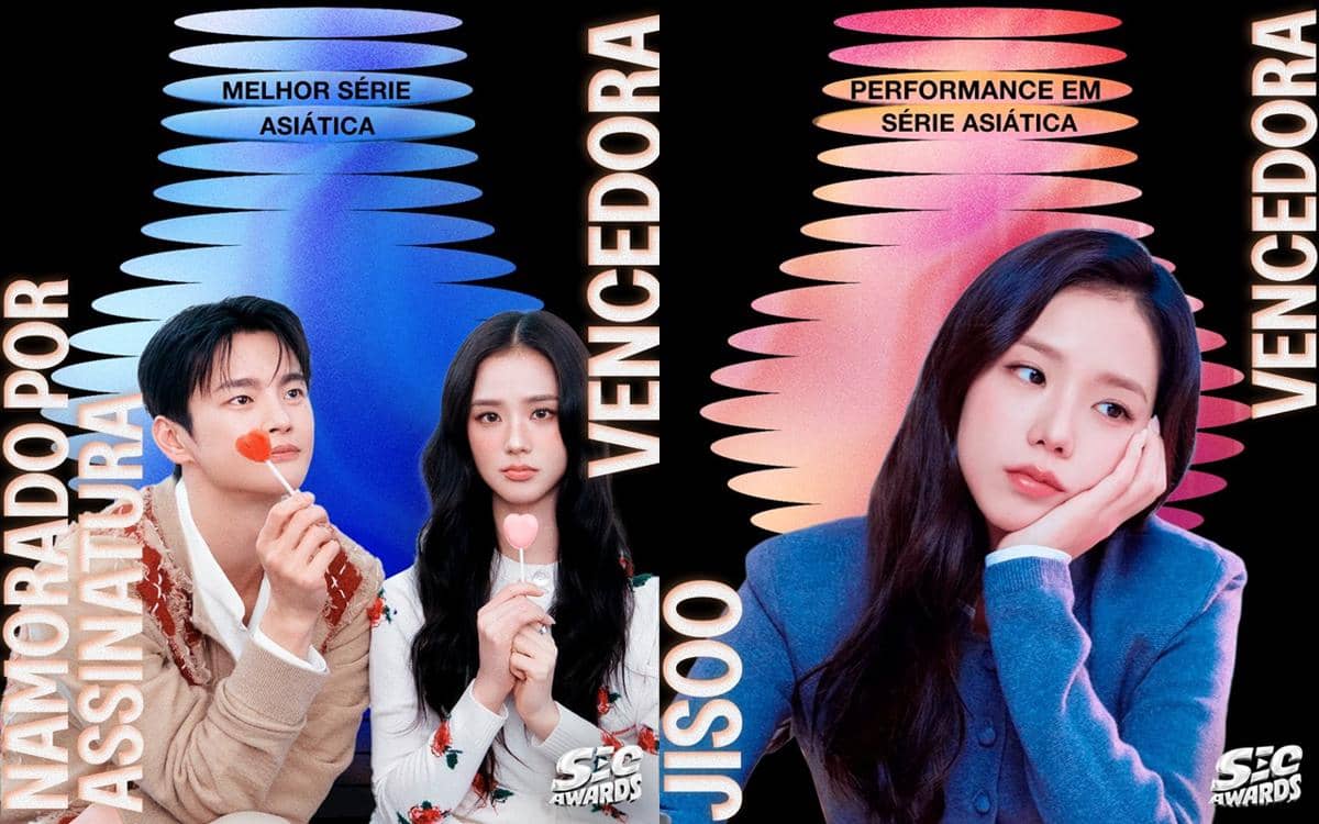 Dua artis Korea berpose dengan latar warna biru dan merah muda, memegang permen hati, menandai kemenangan mereka di SEC Awards 2026.