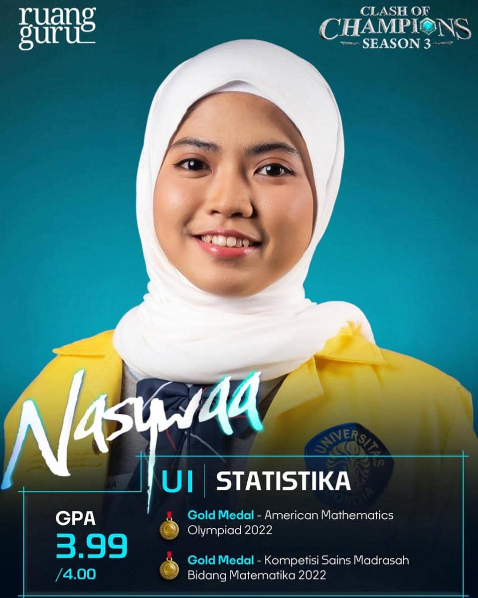 Seorang mahasiswi berhijab mengenakan jas almamater kuning dengan latar biru, menampilkan prestasi akademik dan medali emas di bidang matematika.