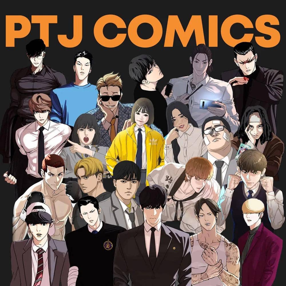 Ilustrasi karakter-karakter dari berbagai seri webtoon PTJ Comics dengan latar belakang hitam dan tulisan oranye besar di atas.