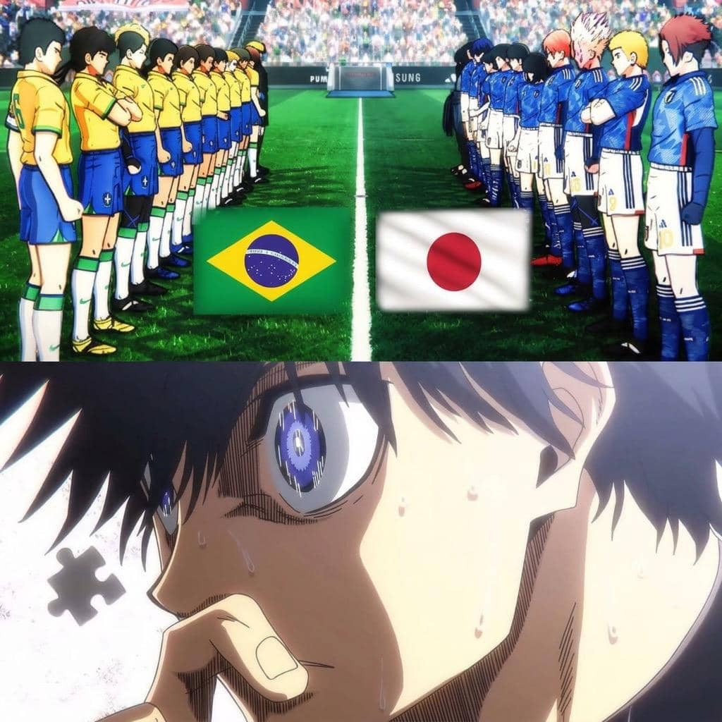 Ilustrasi meme pertandingan sepak bola antara tim animasi Jepang dan Brasil dengan bendera kedua negara di lapangan hijau.