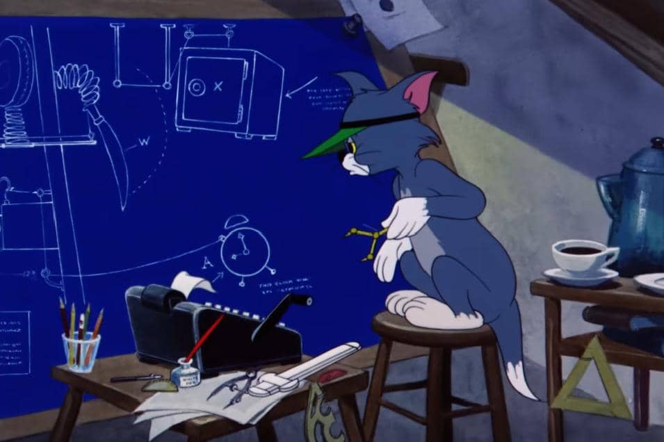 Tom menggambar blueprint perangkap tikus dalam episode "Designs on Jerry"