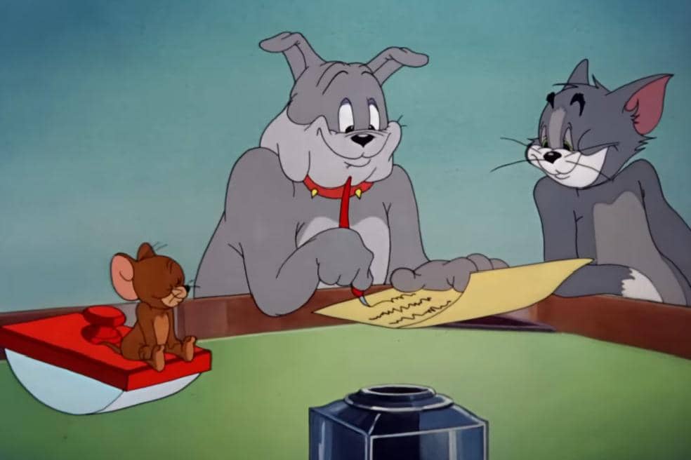Tom, Jerry, dan Spike sepakat untuk menandatangani dokumen perdamaian agar mereka tak lagi bertengkar