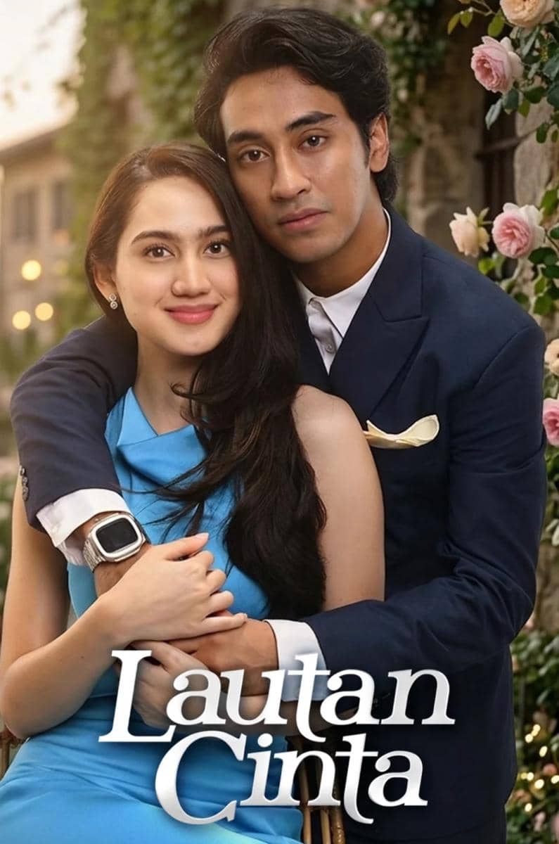 Sepasang pria dan wanita berpelukan dengan latar taman bunga, mengenakan pakaian formal dan teks judul Lautan Cinta di bagian bawah.