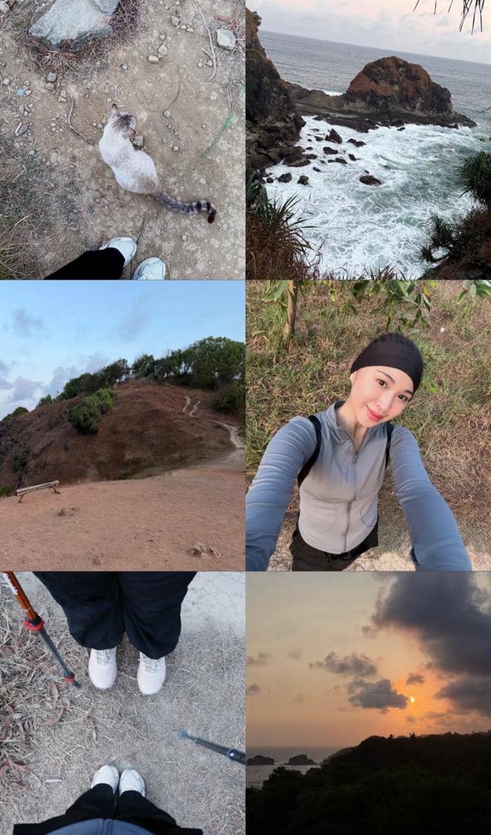 Kolase foto pendaki perempuan menikmati pemandangan pantai berbatu, matahari terbenam, dan seekor kucing di jalur pendakian.