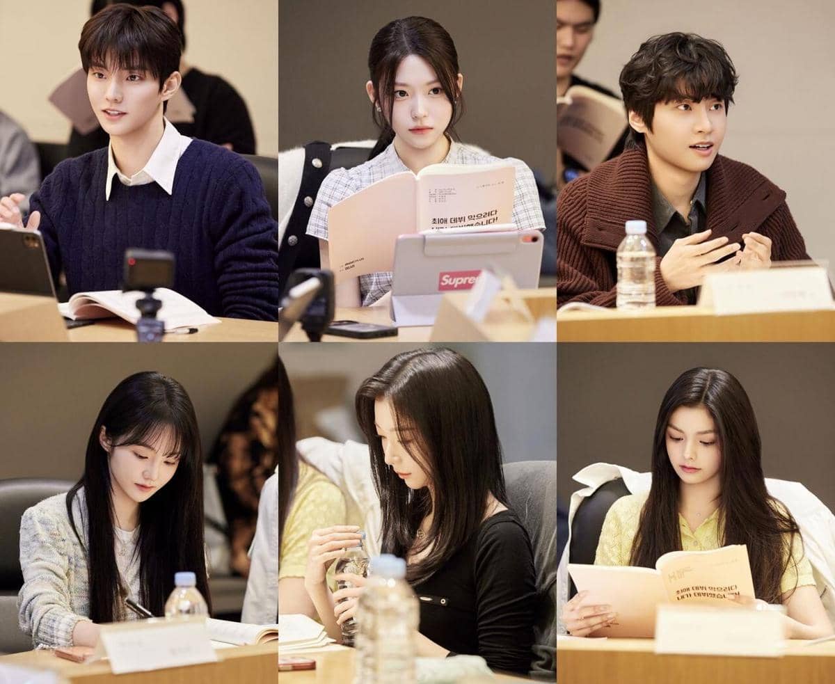 Para pemain drama Korea My Idol, My Debut sedang membaca naskah di ruang rapat dengan suasana serius dan fokus.