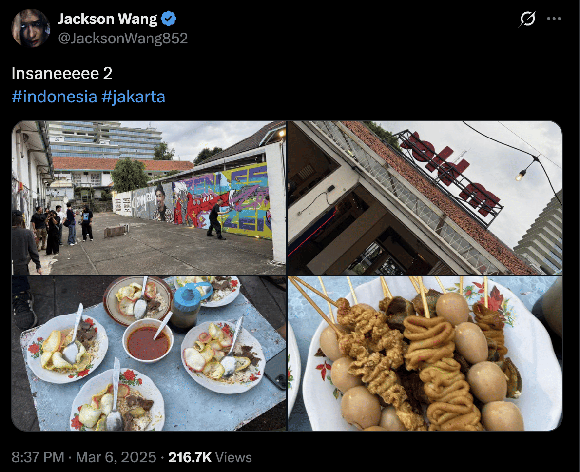 Kolase foto suasana jalan dengan mural warna-warni di Jakarta, bangunan bertuliskan Solaria, serta hidangan sate dan makanan khas Indonesia.