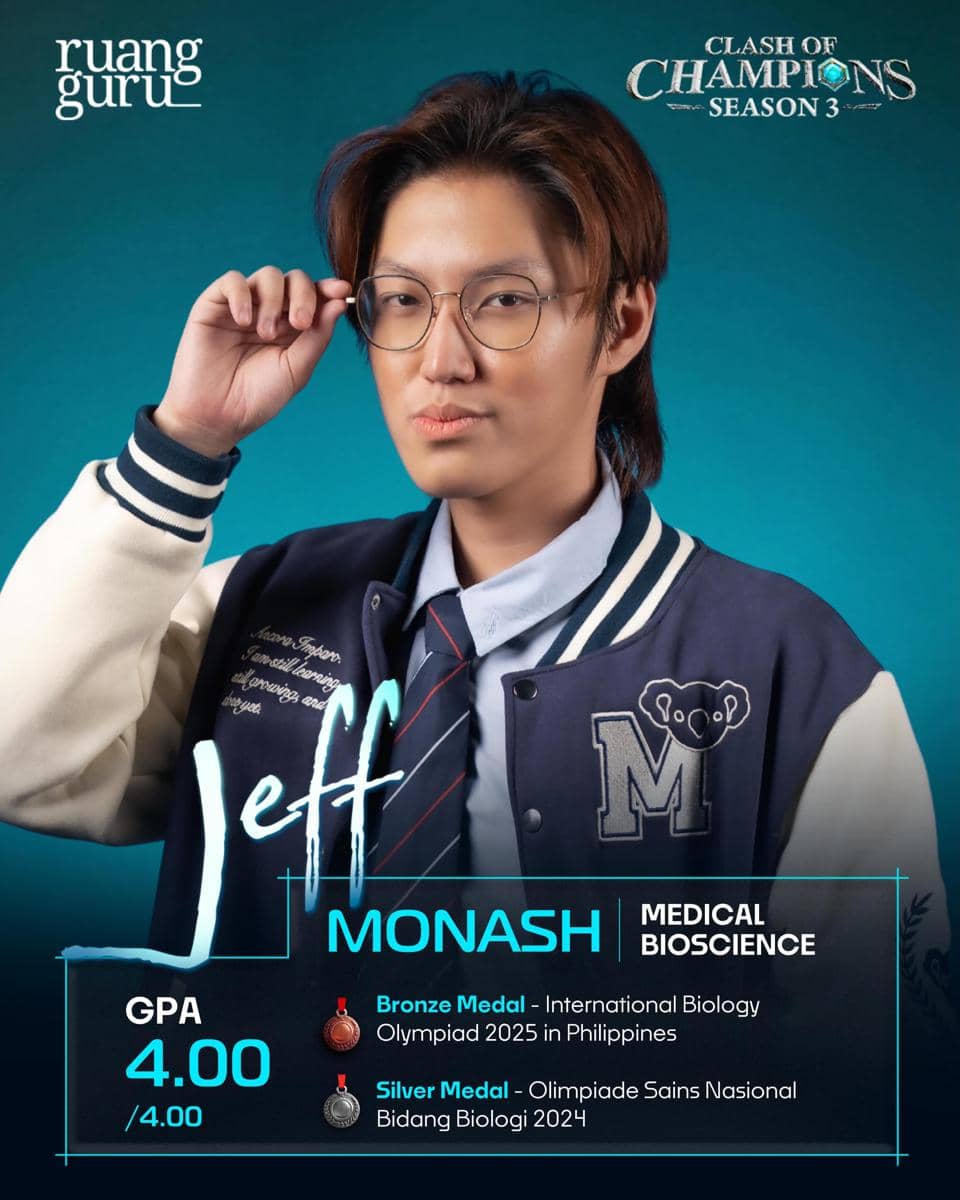 Seorang peserta Clash of Champions Season 3 bernama Jeff mengenakan jaket varsity dan kacamata dengan latar biru, menampilkan prestasi akademiknya.
