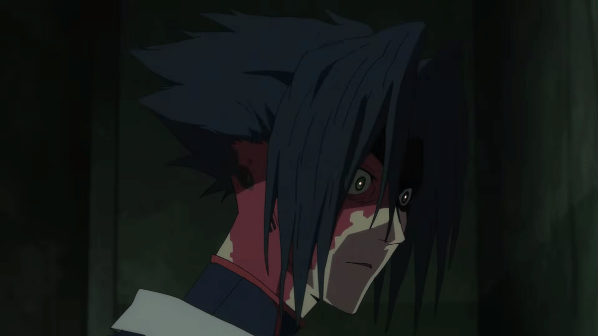 Karakter anime berambut gelap dengan ekspresi serius dan wajah bercorak merah dari serial Cyberpunk Edgerunners 2.