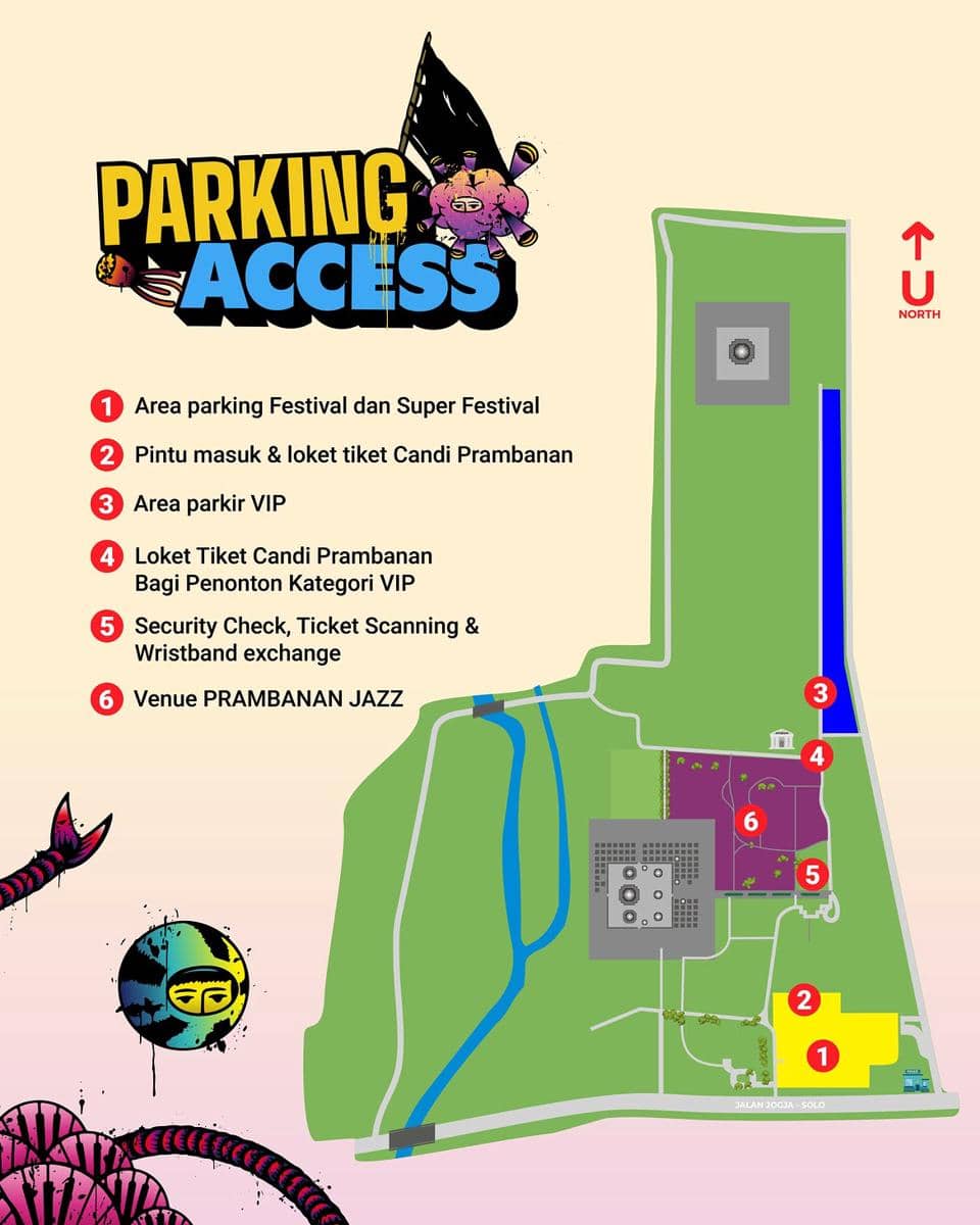 Peta akses parkir dan lokasi venue Prambanan Jazz Festival 2026 dengan penanda area parkir, loket tiket, dan titik pemeriksaan keamanan.
