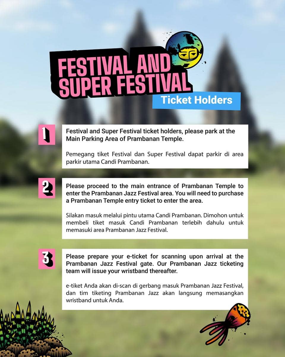 Panduan bagi pemegang tiket Festival dan Super Festival untuk menuju area Prambanan Jazz Festival 2026 dengan latar Candi Prambanan.