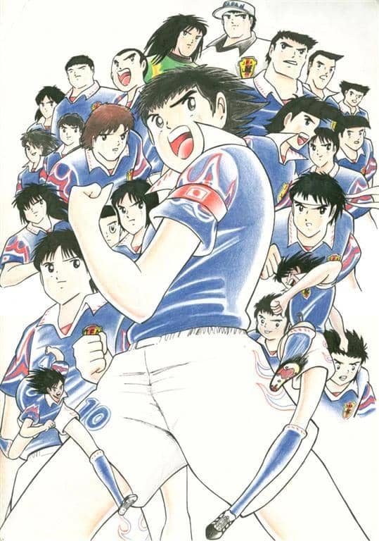 Ilustrasi karakter-karakter manga Captain Tsubasa: World Youth mengenakan seragam sepak bola biru dengan ekspresi semangat dan penuh energi.