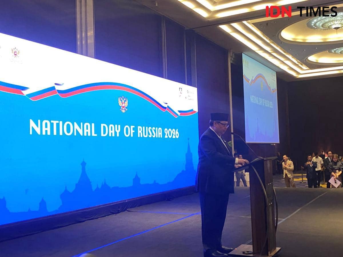 Menteri Koordinator bidang Perekonomian Airlangga Hartarto saat memberikan pidato di National Day Rusia di Jakarta. 