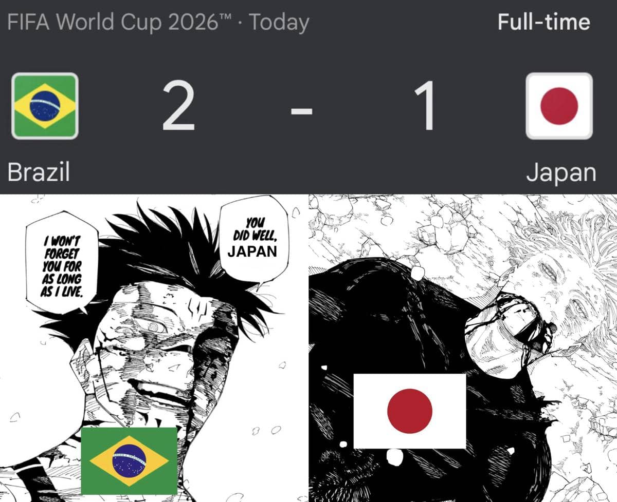 Ilustrasi meme pertandingan Piala Dunia 2026 antara Brasil dan Jepang dengan skor akhir 2-1, menampilkan karakter manga yang melambangkan kedua tim.