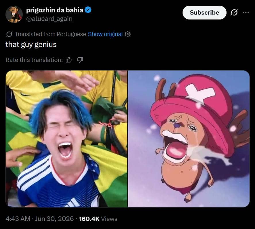 Kolase meme memperlihatkan seorang pendukung dengan rambut biru mengenakan jersey Jepang berteriak di samping karakter anime Chopper yang juga berteriak.