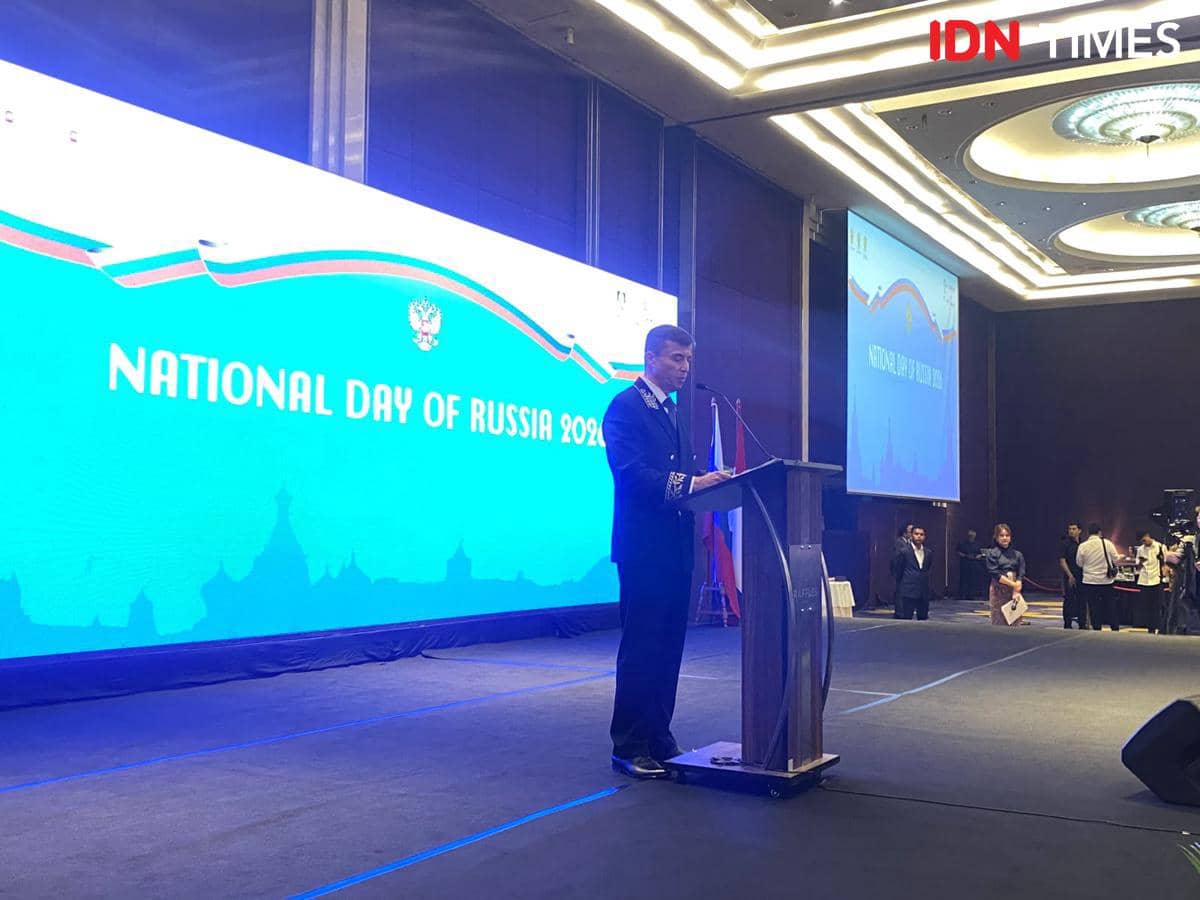 Dubes Rusia untuk Indonesia Sergei Tolchenov saat memberikan pidato di National Day Rusia di Jakarta.