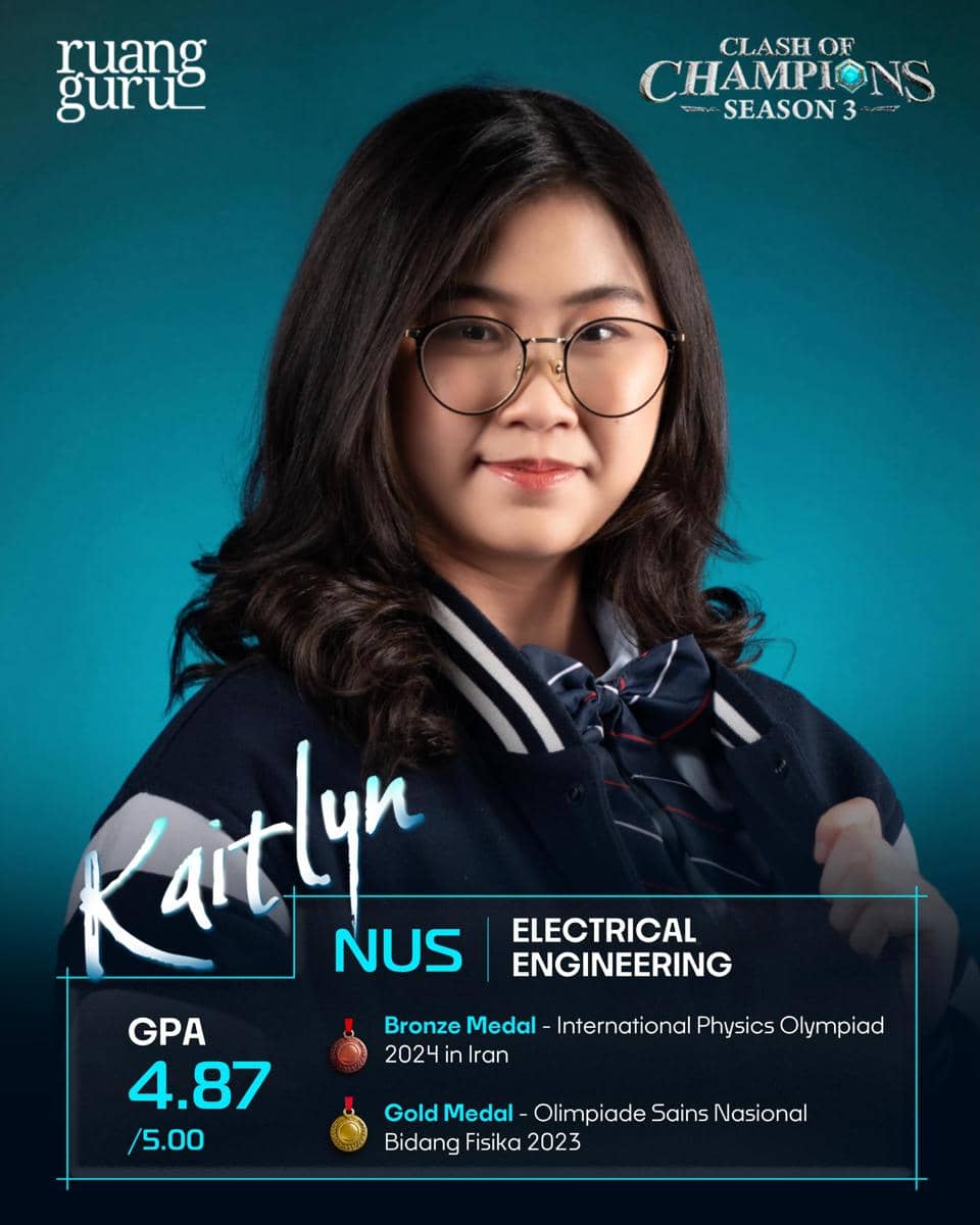 Seorang peserta Clash of Champions Season 3 bernama Kaitlyn mengenakan kacamata dan jaket biru dengan latar belakang biru.