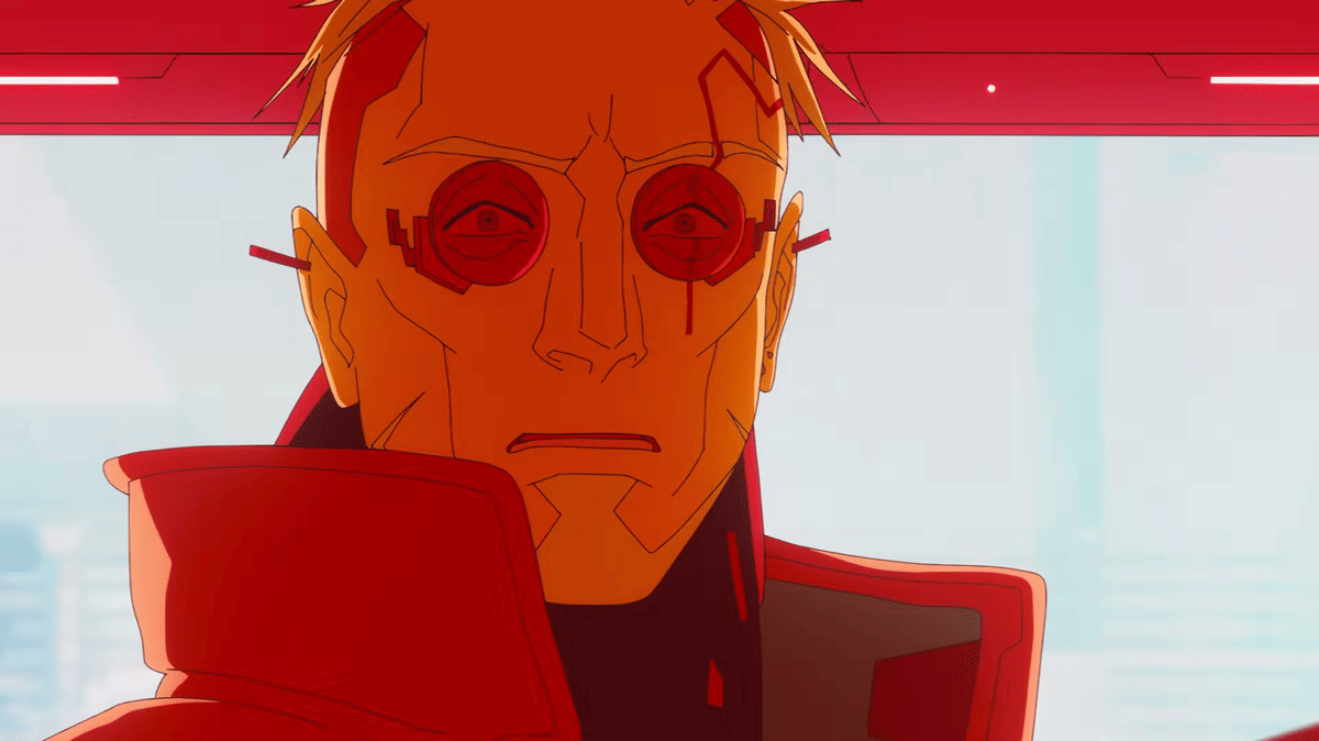 Karakter Weak Kingsley dari anime Cyberpunk Edgerunners 2 dengan mata sibernetik merah dan jaket berkerah tinggi berwarna merah.