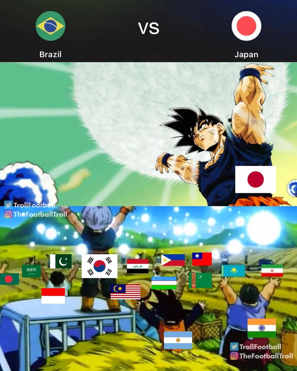 Ilustrasi meme pertandingan Brasil versus Jepang dengan karakter anime mengumpulkan energi dari berbagai negara yang diwakili oleh bendera.