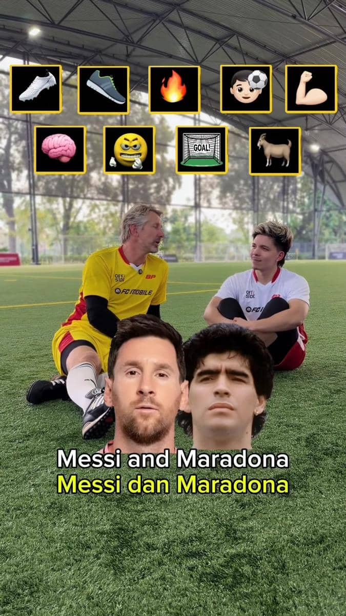 Dua pria duduk di lapangan sepak bola dalam ruangan sambil berbincang, mengenakan seragam olahraga kuning dan putih dengan latar emoji bertema sepak bola.