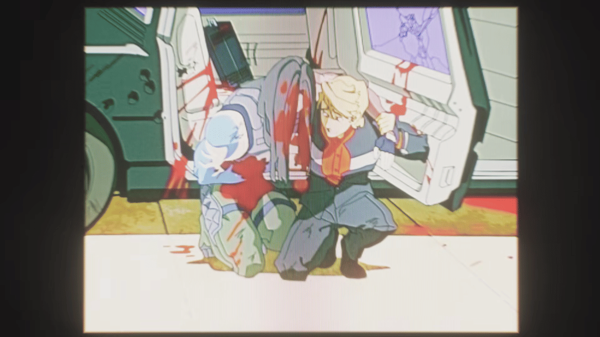 Dua karakter anime bergaya cyberpunk dengan efek visual VHS, salah satunya tampak terluka di dekat kendaraan terbuka.