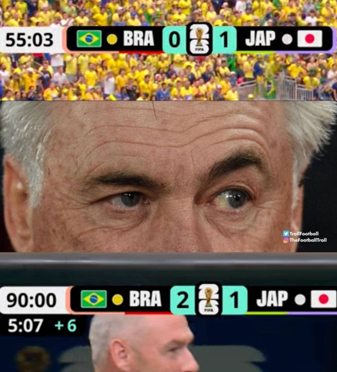 Kolase meme pertandingan Brasil versus Jepang menampilkan skor berubah dari 0-1 menjadi 2-1 dengan ekspresi pelatih yang serius.
