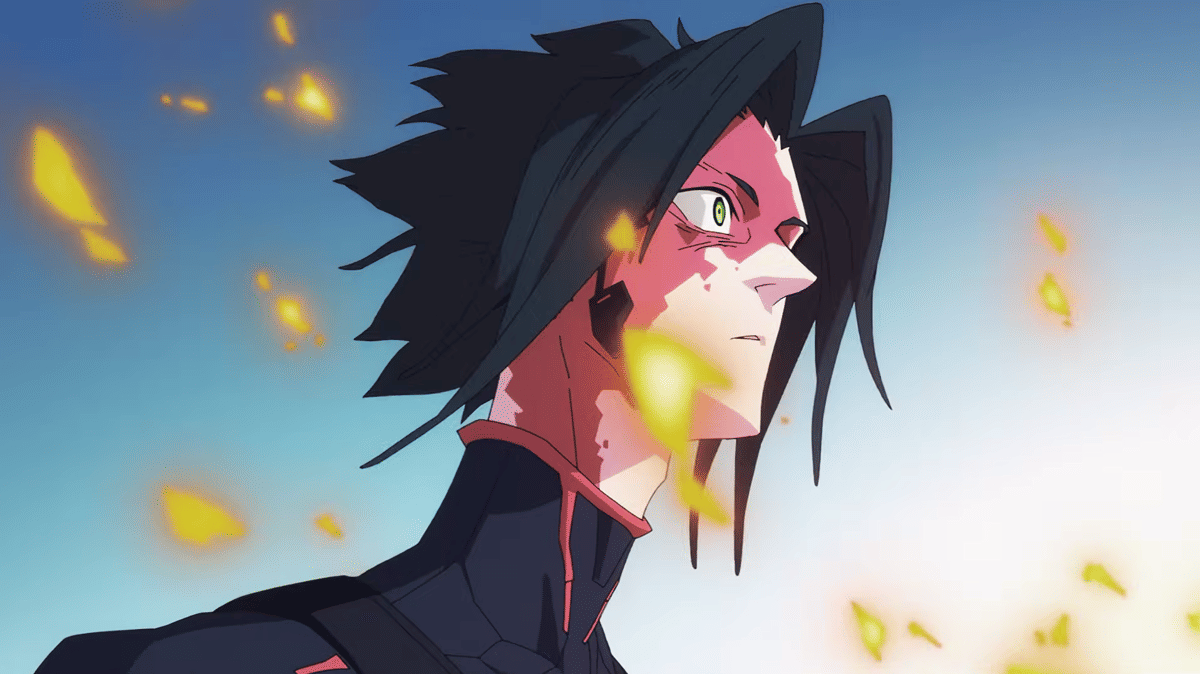 Karakter anime berambut hitam dengan wajah sebagian tertutup cahaya kuning, mengenakan pakaian gelap dengan latar langit biru.