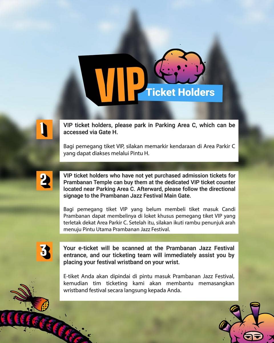 Panduan untuk pemegang tiket VIP Prambanan Jazz Festival 2026 dengan petunjuk parkir, pembelian tiket, dan proses masuk ke area festival.