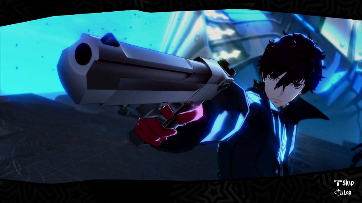 Karakter utama Persona 5 Royal mengenakan pakaian hitam dengan sarung tangan merah, mengarahkan pistol besar di lingkungan futuristik bercahaya biru.