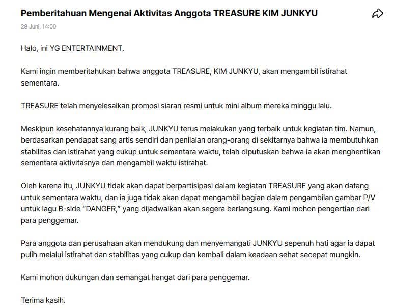 YG Entertainment umumkan Junkyu TREASURE hiatus 