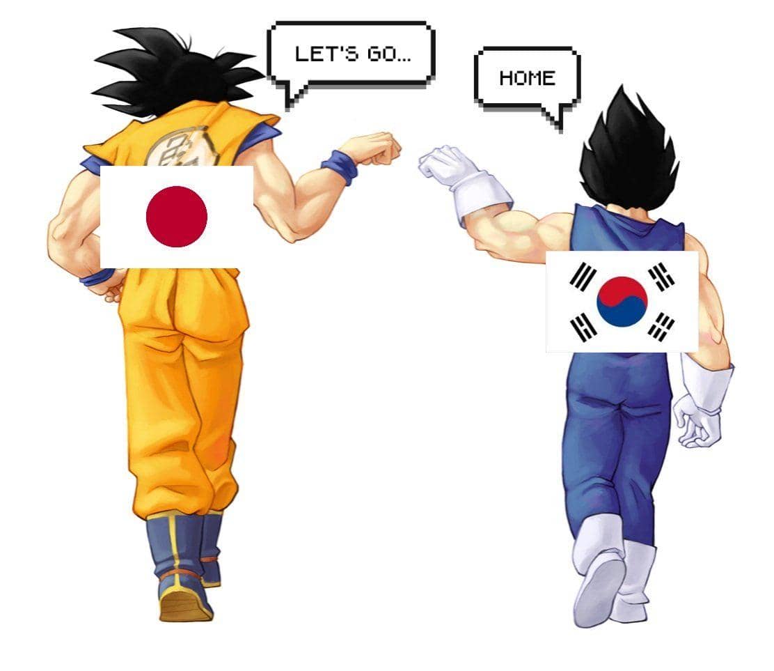 Ilustrasi dua karakter anime berjalan bersama, satu dengan bendera Jepang dan satu dengan bendera Korea Selatan di punggung mereka.
