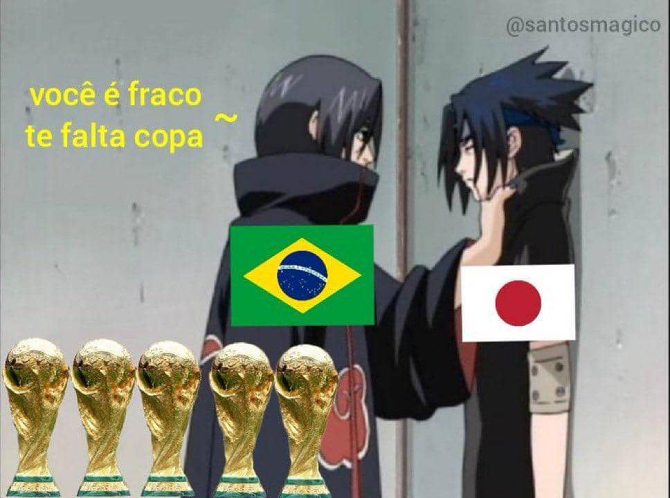 Meme anime menampilkan karakter dengan bendera Brasil dan Jepang, disertai lima trofi Piala Dunia di depan mereka.