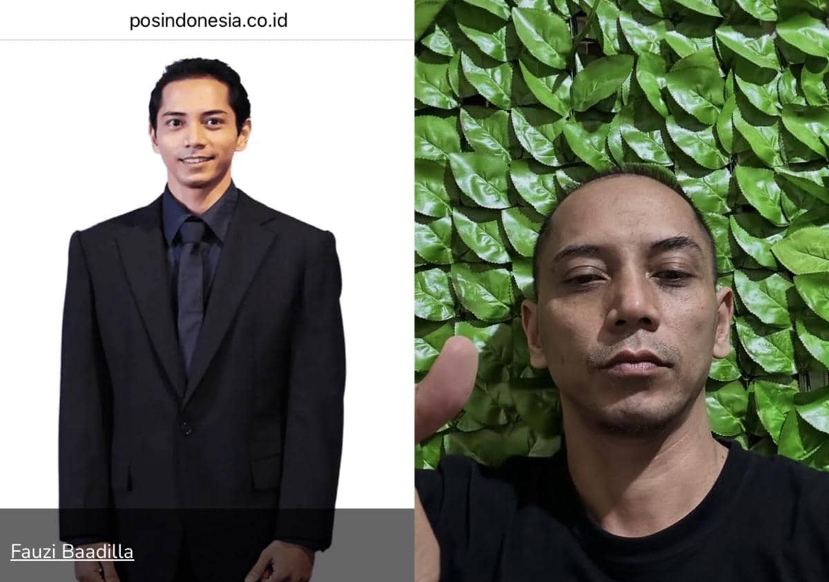Seorang pria mengenakan setelan jas hitam berdasi hitam di sisi kiri dan berpose santai dengan latar daun hijau di sisi kanan.