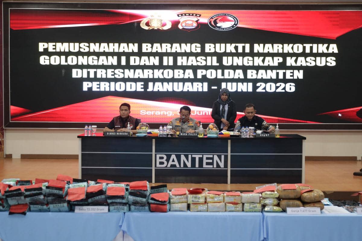 Direktorat Reserse Narkoba Polda Banten memusnahkan barang bukti narkotika hasil pengungkapan kasus Januari hingga Juni 2026. (Dok. Polda Banten).