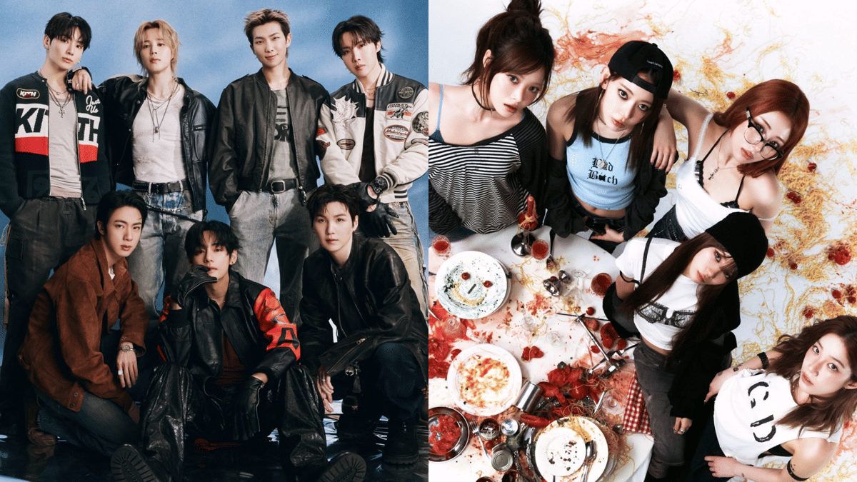 Dua grup musik Korea berpose dalam dua gaya berbeda, satu dengan nuansa kasual dan kulit gelap, lainnya dengan tema meja makan artistik.