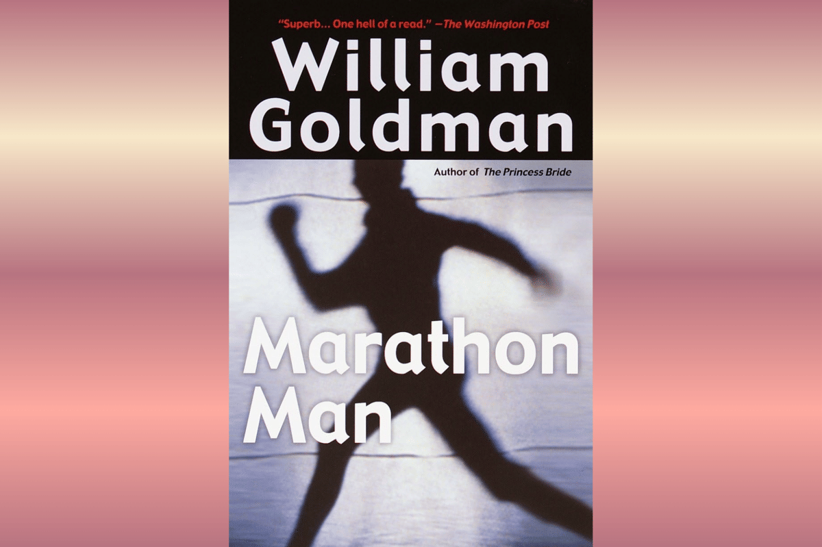 Sampul buku 'Marathon Man' karya William Goldman dengan siluet seseorang berlari di latar belakang berwarna lembut.