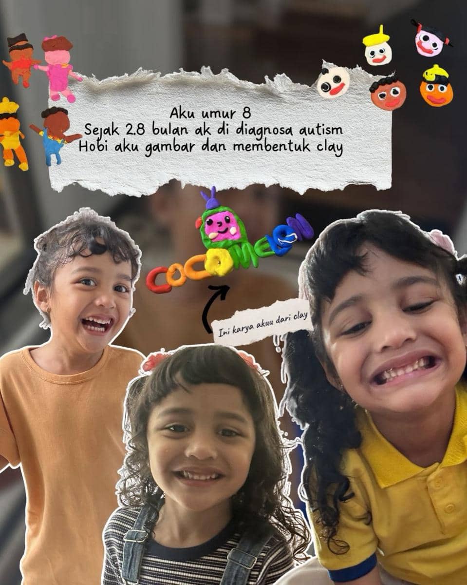 Kolase foto anak perempuan tersenyum dengan tulisan tentang diagnosis autisme dan hobi menggambar serta membuat karya dari clay.