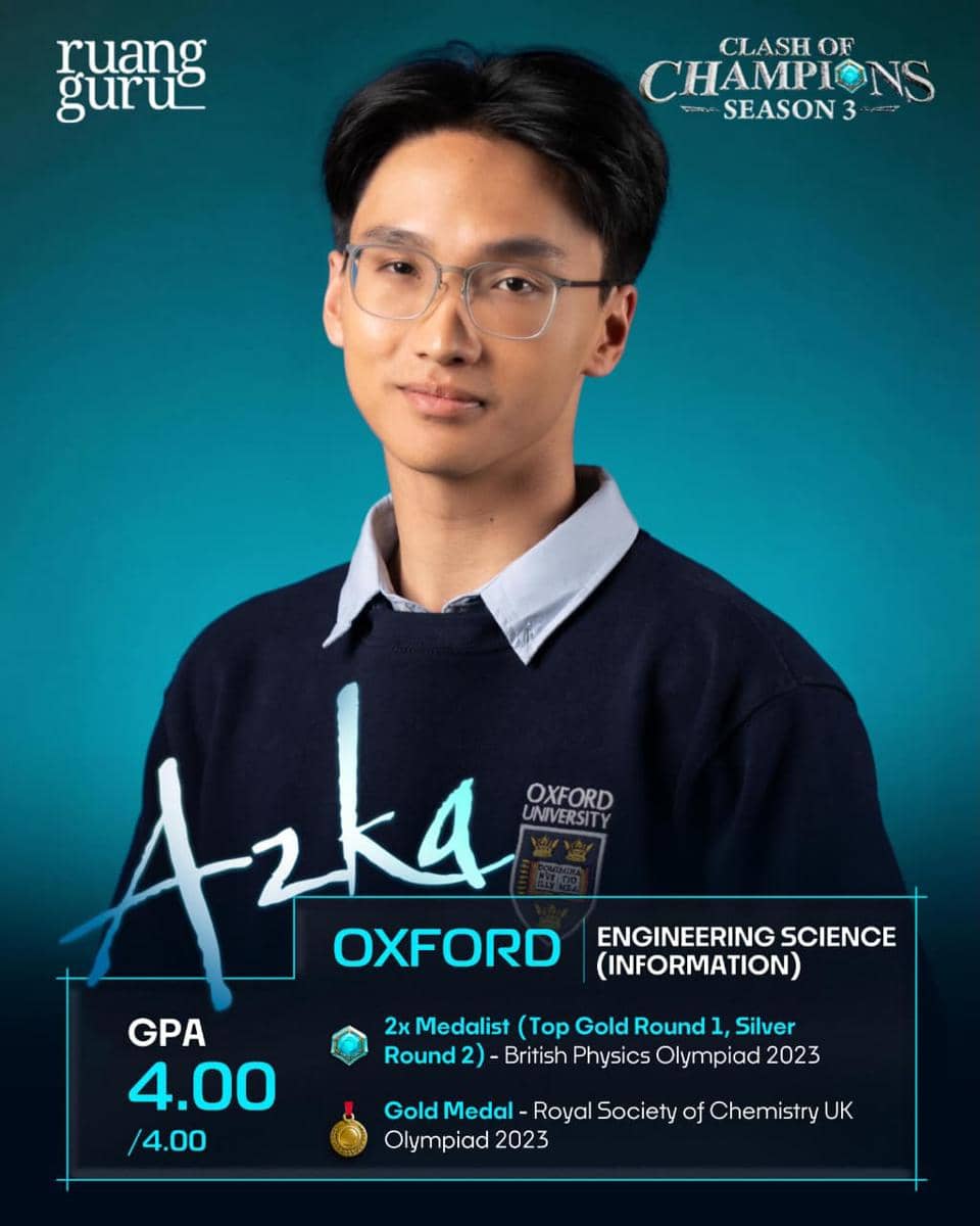 Seorang peserta Clash of Champions Season 3 mengenakan sweter Oxford University dengan latar belakang biru dan teks prestasi akademik di bidang sains.
