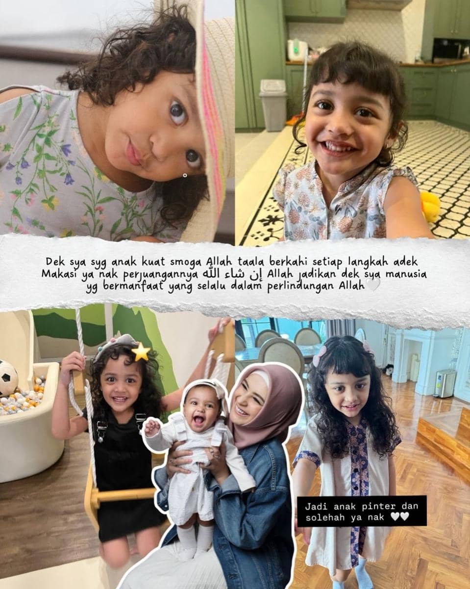 Kolase foto seorang anak perempuan kecil dengan rambut ikal bersama ibunya yang berhijab, menampilkan momen bahagia dan penuh kasih di rumah serta taman bermain.
