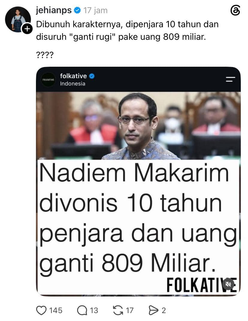 Tangkapan layar unggahan Threads menampilkan foto seorang pria di ruang sidang dengan teks klaim vonis penjara dan ganti rugi miliaran rupiah.